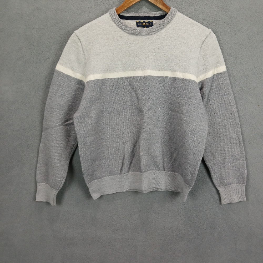Club Room Sweater‎ Mens Medium Gray Colorblock Wool Tight Knit Ribbed Winter
